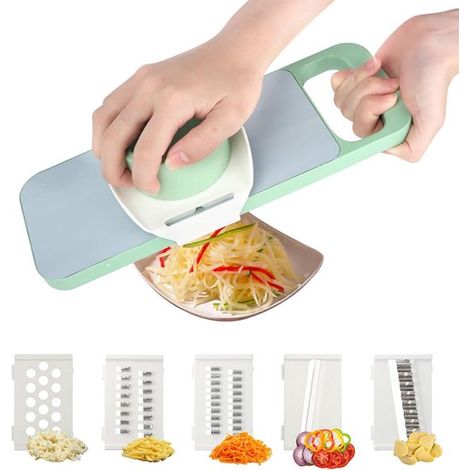 Cortador de verduras manual, Cortador de verduras de acero inoxidable, Tamaño ajustable, Con soporte para 5 cuchillas (1/5)
