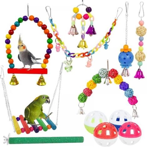 12Pcs Parrot Toy Bird Chew Toy Swing Set, Colorful Bird Toy Swing, Bridge Ladder, Hanging Bell Toy, Bird Chew Toy (1/4)