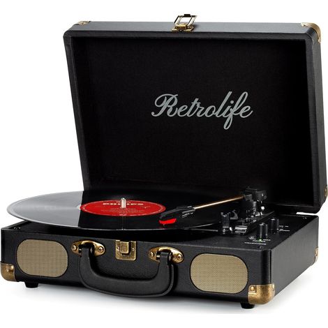 Platine Vinyle 3 Vitesses Bluetooth Valise Portable Noir Vintage Tourne Disque 33/45/78 TR/Min, Courroie avec Haut-Parleurs Intégrés, Sortie Ligne RCA, Entrée Auxiliaire, Prise Casque (1/5)