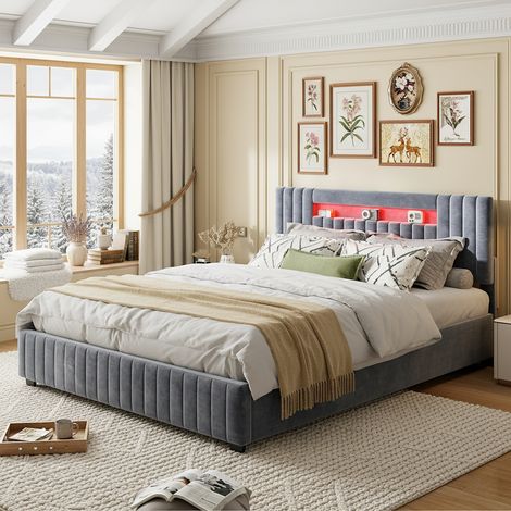 Lit 160x200 avec sommier, lit coffre 160x200, lit double capitonné, bande lumineuse LED intégré, rangement, velours, Gris (1/5)