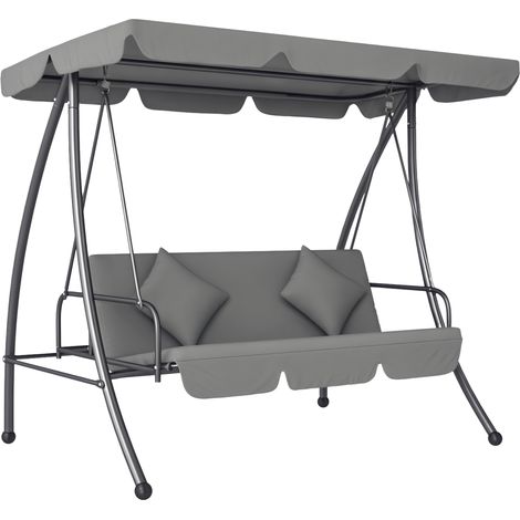 Verwandelbare 3-Sitzer-Gartenschaukel, verstellbare Neigung, verstellbares Sonnendach, Matratze 1,25 x 1,7 m, hellgraues Polyester-Metallgestell, Hängesessel für den Außenbereich