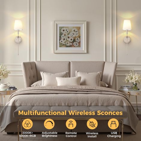 Wall Lamp with Remote Control Cone Fabric Shade Brushed Nickel 2 Pack with Charging Bulb (1/5)