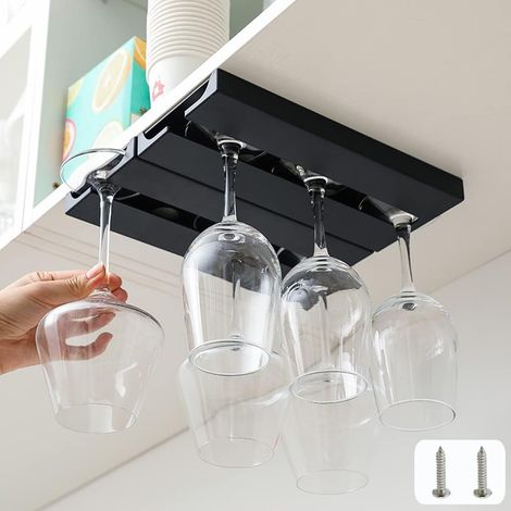 PCS Plastic Wine Glass Rack with Screws (NO Adhesive), Under Cabinet Wine Glass Holder, Glasses Storage Hanger Bar Kitchen Glasses Organizer. (Black) (1/5)
