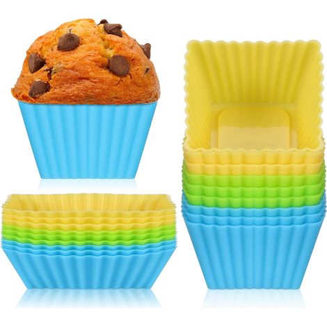 Moules à Pâtisserie en Silicone 18 Pièces Carré et Rectangulaire, Silicone Alimentaire Résistant Haute Température, Couleurs Jaune Vert Bleu, pour Cuisson Cupcakes Muffins,Parent,- (1/3)