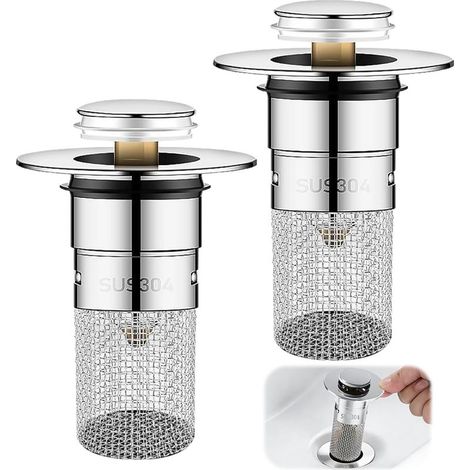 Bouchon de Lavabo Universel avec Filtre, Bonde de Vidange 34-40mm en Acier Inoxydable 304 pour Salle de Bain et Cuisine, Anti-Bouchage et Anti-Odeur, Lot de 2 (1/5)