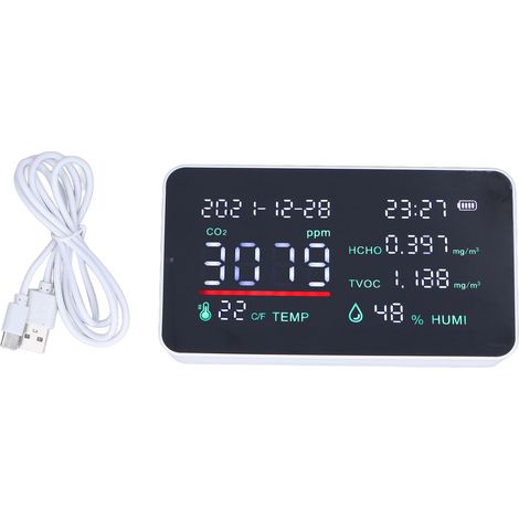 Détecteur de Qualité d'Air Intérieur avec Capteur de CO2, Température et Humidité - Alimentation USB - Blanc (1/5)