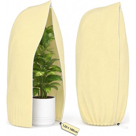 Lot de 2 protections hivernales pour plantes - 120 x 180 cm - Protection contre le gel - Avec fermeture éclair et cordon de serrage - Réutilisable - Pour plantes en pot, olivier, palmiers - Beige (1/5)