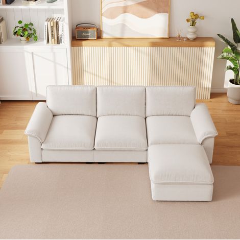 Ecksofa 260x154x86 cm in Beige aus Chenille mit variabler Ottomane und 5 Kissen (1/5)