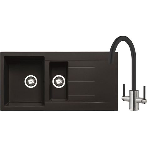 Prima+ Granite 1.5 Bowl inset Kitchen Sink With Swan Neck Mixer Tap 1000mm L x 500mm W - Black (1/4)