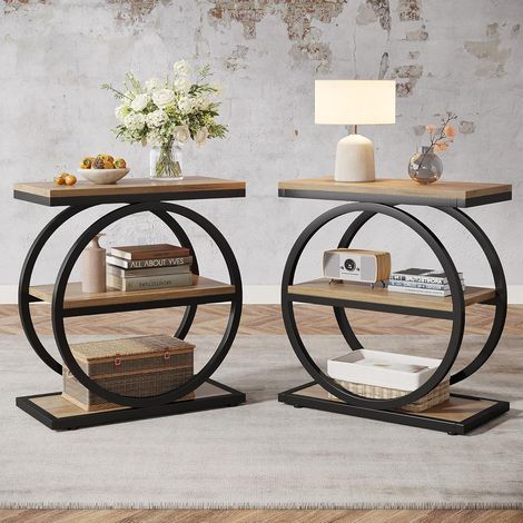 Tribesigns narrow end table with 3 shelves, wood side table with black metal frame, industrial small sofa table for living room, slim bedside(2)