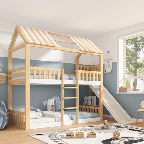 Litera infantil de madera de 90x200 cm, cama tipo cabina con estante y tobogán, blanca y natural