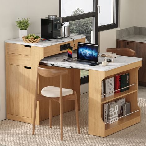 Mobile cucina estensibile con ruote, 55 a 153 x 80 x 93 cm, prese integrate, naturale HAVRYA (1/5)