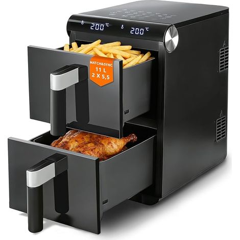 GBLY Heißluftfritteuse 2 Kammern 11L 13-in-1 Dual Zone Doppelkammer 2800W Touchscreen Timer Spülmaschinenfeste Körbe Für Familie
