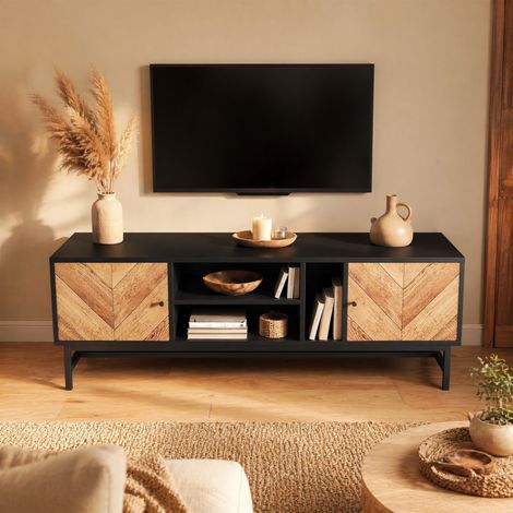 Mueble TV de 150 cm negro y madera, con 2 armarios y almacenaje abierto HAVRYA (1/5)