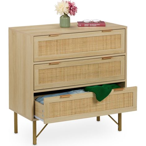 Relaxdays Kommode, 3 Schubladen, Rattan- & Holzoptik, HBT 80 x 80 x 42 cm, Wohnzimmer, Flur, Kommodenschrank, natur/gold
