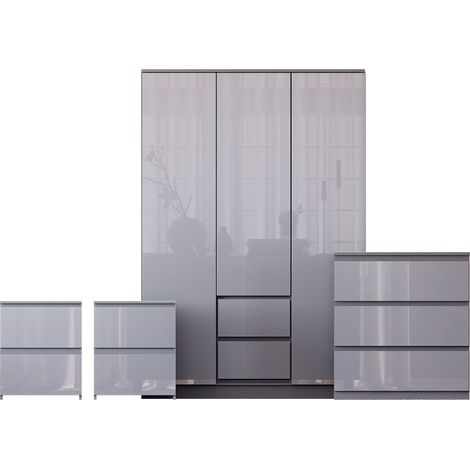 Glinton 4 Piece Bedroom Set (2 Drw Bedside x2, 3 Drw Chest, 3 Dr 2 Drw Wardrobe), Grey (100% FSC) (1/4)