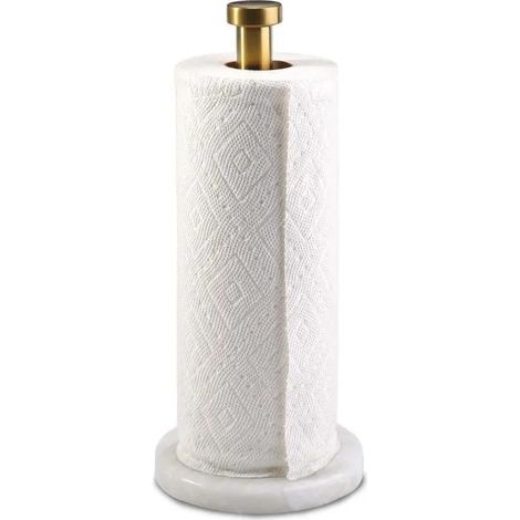 Porte Sopalin Marbre Naturel, φ15x32cm. Support rouleau essuie-tout : base marbre, tige acier inoxydable doré. Idéal cuisine - Doré (1/5)