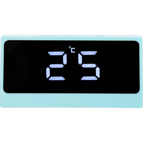 Réveil numérique LED silencieux avec affichage intelligent de la température et de la date, miroir de maquillage de bureau lumineux à grand écran (bleu)