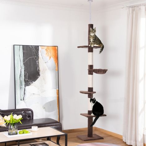 Floor to Ceiling Cat Tree for Indoor Cats 5-Tier Kitty Tower Climbing Activity Center Scratching Post Adjustable Height 230-260 cm Brown