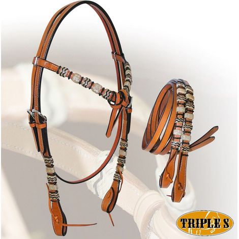 ROSSICCIO - Briglia western in cuoio americano frontalino con fiocco e finiture in rawhide bicolore