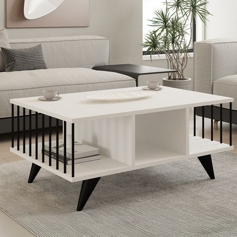 Mesa de Centro Dogliani, con Patas, 3 Compartimentos, Forma Rectangular, 90x60x40h cm, Blanco (1/5)