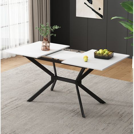 Table extensible de comedor MDF blanco con patas de metal negro, 120-160x80 cm, para 4-6 personas (1/5)