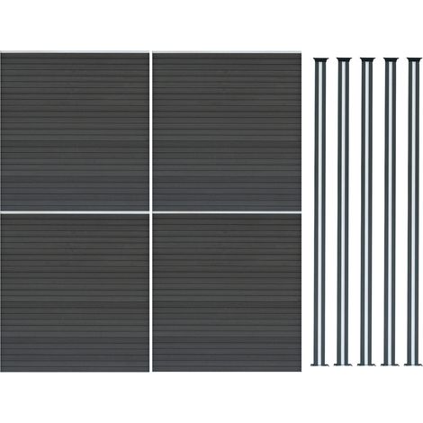 Kit Clôture 4 Panneaux Composite Plastique Gris 9 Lames à Emboîter 185 cm H x 699 cm L & 5 Poteaux en Aluminium à LED Solaires Texture de Bois Reversible PVC Brise-Vue Extérieur Jardin Mur d'Intimité