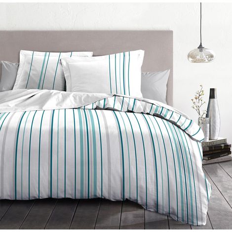 Housse de Couette - 3 Pièces 100% Coton - 57 Fils 2 Personnes - 240x260 cm Bellamy Blanc Bleu (1/5)