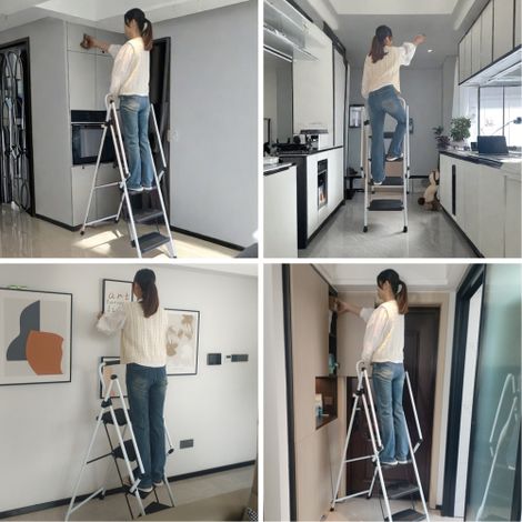 Échelle pliable légère 4 marches blanche en acier solide, marches larges antidérapantes et poignée de sécurité, multifonction pour maison, cuisine et bureau (1/5)