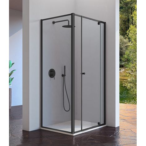 KASSANDRA PIVOT Mampara Frente de Ducha Pivotante+Fijo Negro Transparente - Fijo: 70 cm - Medida: 77-87 CM - ref: PV5030516S200087+PV5130516S20069 (1/2)