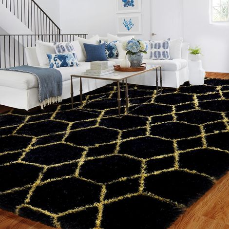 Tapis Salon 90x150cm Géométrie, Tapis Chambre Cool Noir et Doré, Lavable En Machine Tapis a Motif, Doux Shaggy AntidéRapant Moquette, pour Descente de Lit et Salle de Repos, Salle de Réunion (1/5)