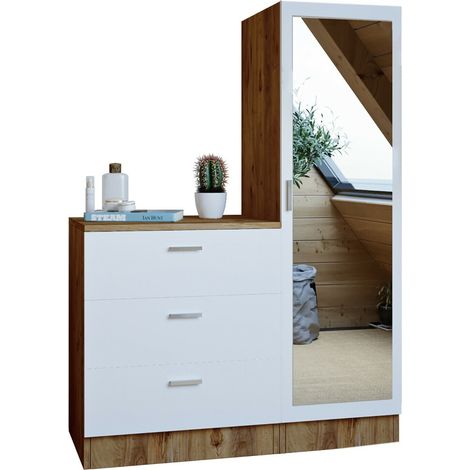 Comò 3 cassetti con armadio e specchio Bianco e Naturale - VITORIO (1/5)
