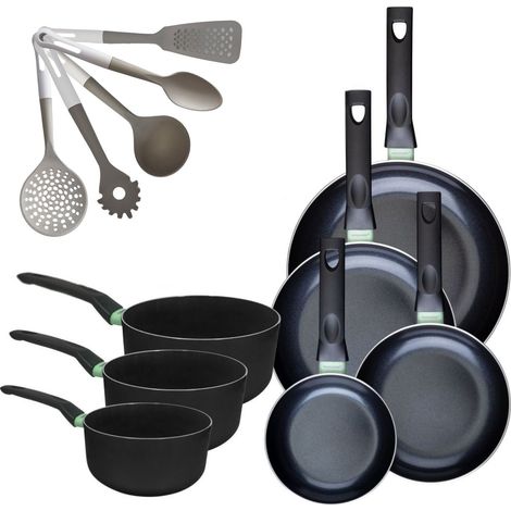 Lot de 4 Poêles 16/20/24/28 cm et 3 Casseroles 16/18/20 cm Fackelmann Brandao avec 5 ustensiles de cuisine (1/5)