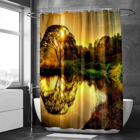 Rideau de douche motif prairie et rivière au soleil, tissu salle de bain imperméable, 90x180 cm (1/5)