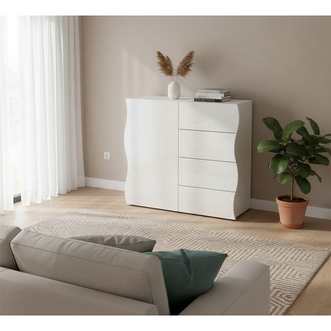 Credenza - un Ripiano 4 Cassetti, Bianco Lucido, -, 90x40x81h cm Linden