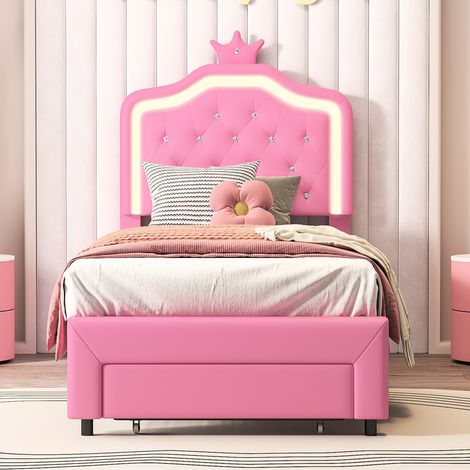 Lit fille 90x200 cm ,Lit enfant 90x200 cm avec LED,Lit princesse, 1 tiroir, lit simple, Sommier à lattes,Blanc,Rose