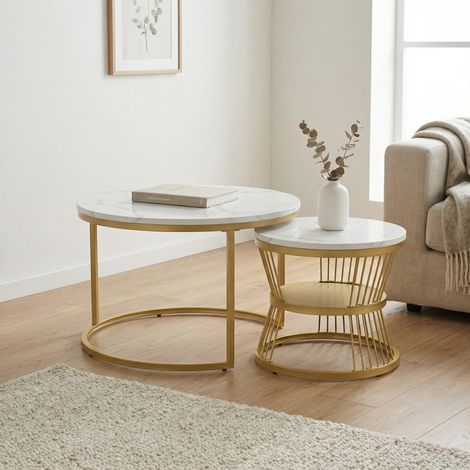 Tavolino da salotto Set di 2, Tavolini sovrapponibili tondi Ø70+45cm, Tavolino da caffè salvaspazio, Effetto marmo e metallo, Stile Moderno, Bianco