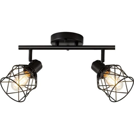 Industrial Ceiling Light with Black Spotlights and Track, Ceiling Light with 2 Adjustable LED Spotlights and Socket, Ceiling Spotlights, Track Light Wall Lamp (1/4)