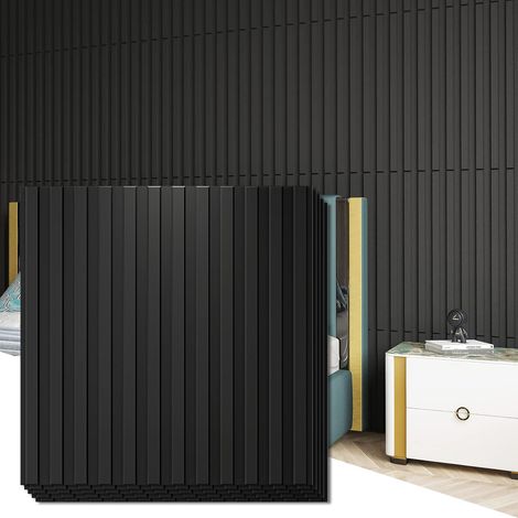 Lot de 12 Panneau Mural à Lattes, Panneaux Bois Panneaux Muraux 50 x 50cm, 3㎡, Noir (1/5)