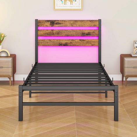Cadre de lit 90x200 cm avec tête de lit, cadre en métal avec station de charge USB, éclairage LED, support robuste en lattes d'acier, rangement sous le lit, sans sommier à ressorts, silencieux, montag