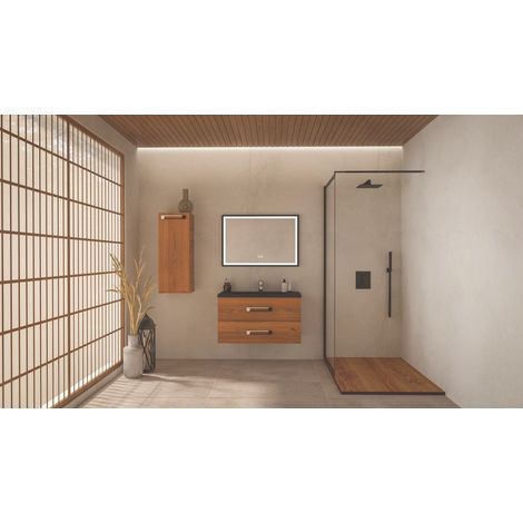 ONDEE - Mueble de baño colgante LENCA - 90 cm - Madera color miel - Espejo SELENA (1/4)