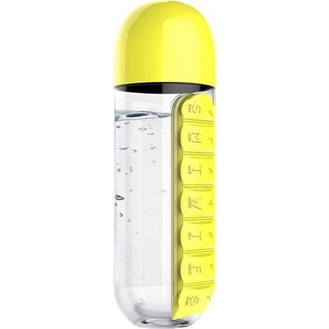 Bottiglia d'acqua da 600 ml con portapillole, organizer 2 in 1, agenda portatile settimanale, custodie per medicinali da viaggio, contenitori (1/5)