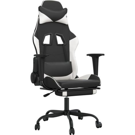 Fauteuil de bureau chaise gaming avec coussin lombaire avec repose-pieds en PVC noir et blanc DEC025851