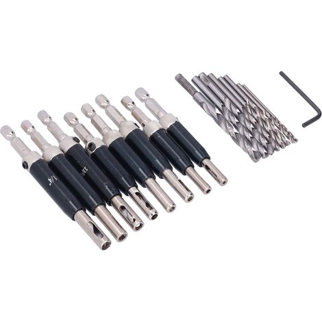 Kit de 17 forets à charnières auto-centreurs pour portes avec clé hexagonale pour le travail du bois (1/5)