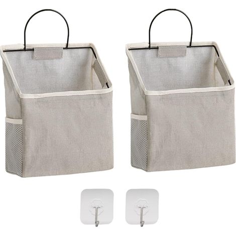 Lot de 2 sacs organisateurs à suspendre au mur, rangement suspendu pour placard, poche, dortoir de salle de bain, boîtes de rangement en coton et lin pour chambre à coucher (gris) (1/5)