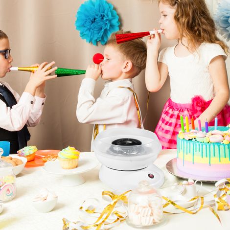 Macchina per zucchero filato per uso domestico, con bastoncini e cucchiaio dosatore, alta 18 cm, 550 W, ideale per feste per bambini, compleanni e altri eventi, colore bianco. (1/5)