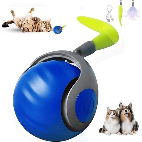 Balle Chat, Jouet Balle pour Chats Recharge USB, 2 Queues Remplaçables et Modes de Mouvement Aléatoires, Jouet à Poursuivre pour Chats d'intérieur Bleu (1/5)
