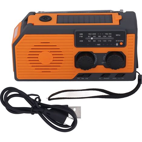Lampe torche radio d'urgence solaire à manivelle, chargeur 5000mAh, étanche IPX3, LED, version US, orange (1/5)