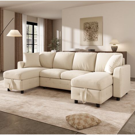 Sofá cama en U (260x128x82 cm), convertible en cama, con 2 chaiselongues con almacenaje, USB y Type C, chenille beige (1/5)
