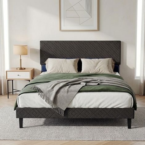 Doppelbett 140x200 cm mit Lattenrost – Polsterbettgestell aus grauem Leinen – Modernes gepolstertes Kopfteil mit Rautenmuster – Robust